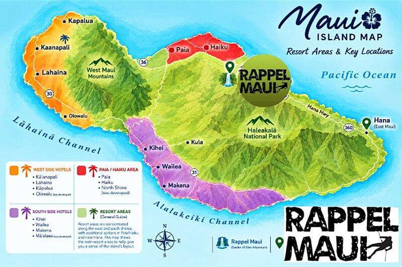 Island Map of Maui, Hawaii showing some of the best places to stay in Maui